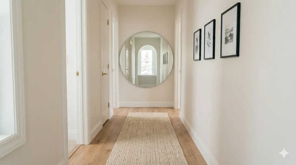 How to transform a dark narrow hallway – step 6, adding a light runner and a simple gallery wall for warmth.