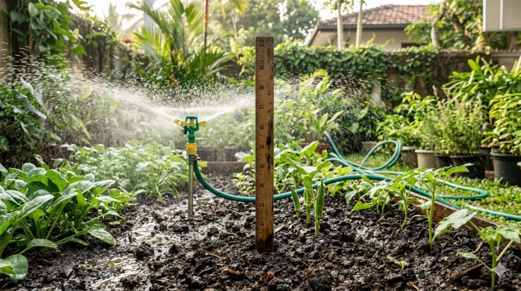 How to start a vegetable garden from scratch – step 6, watering deeply with a sprinkler to provide 1 inch of water per week.