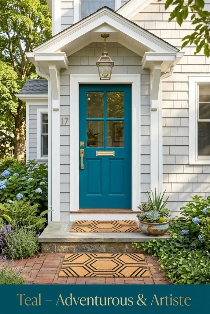 7 bold front door colors: red, navy, yellow, black, sage, teal, terracotta on white houses.-bold front door colours that transform a home exterior