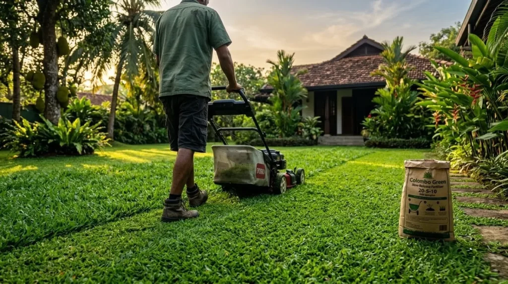 How to get a lush green lawn from scratch – step 7 first mow of a healthy new lawn with ongoing care supplies.