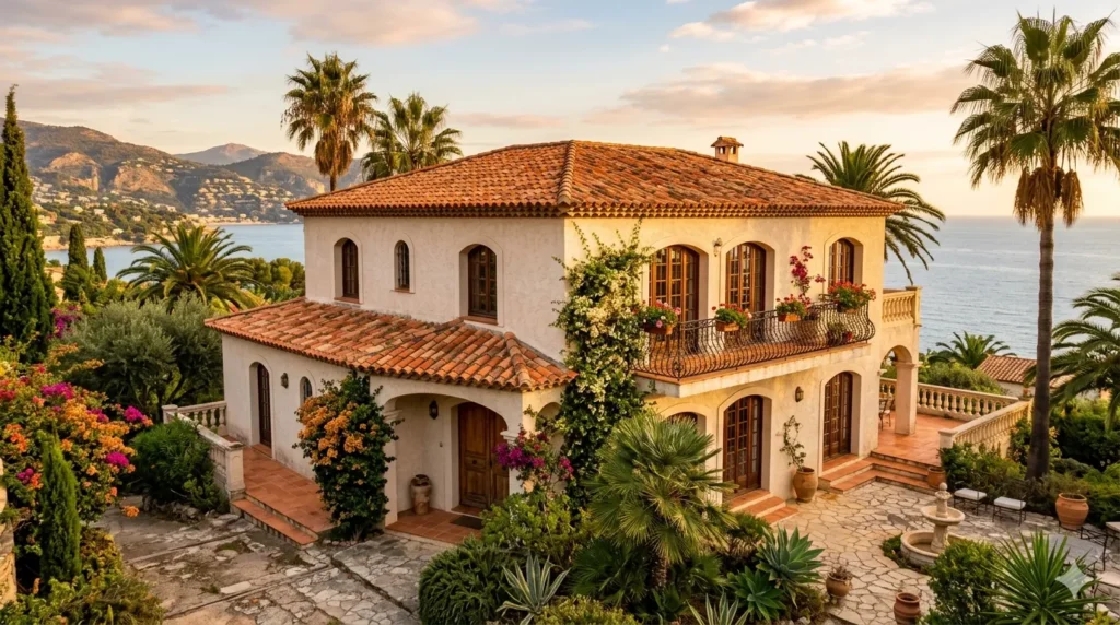 oof colour ideas that complement exterior paint – Mediterranean villa with terracotta clay roof and white stucco walls.