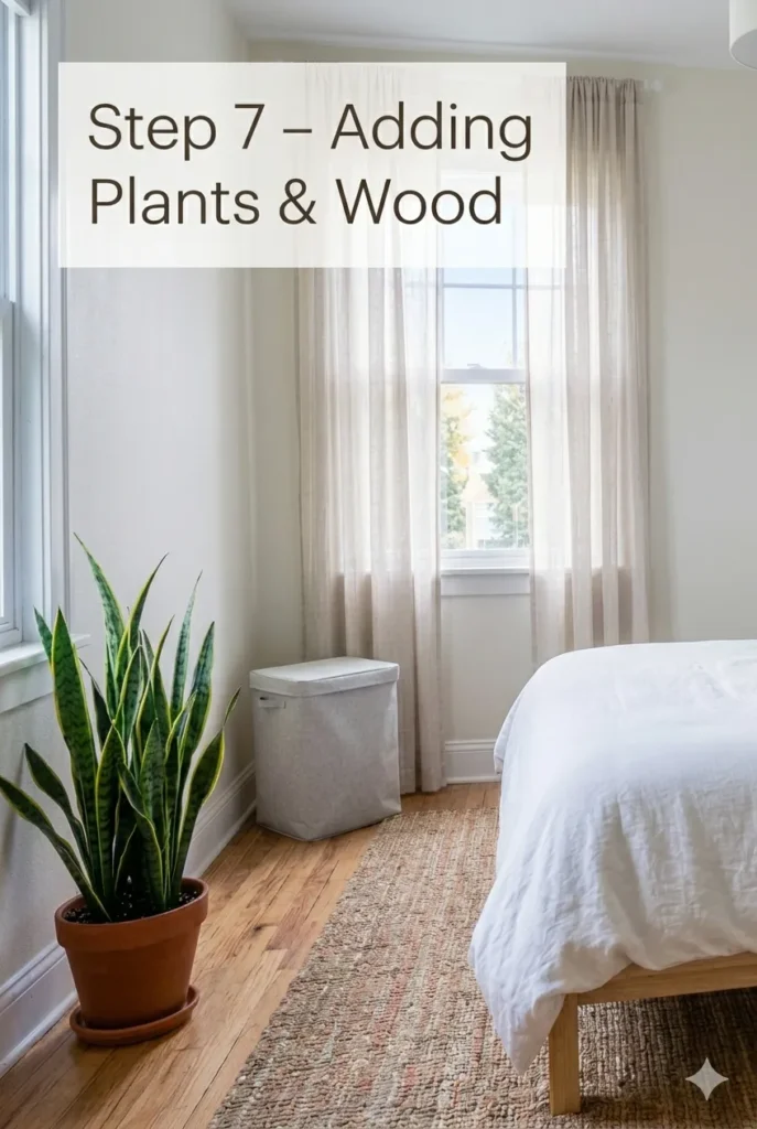 How to style a small bedroom to feel like a retreat – step 7, adding plants and natural wood accents.