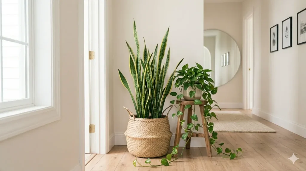 How to transform a dark narrow hallway – step 7, adding low‑light plants and natural woven materials.