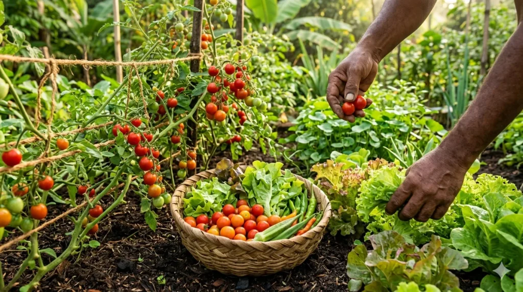 How to start a vegetable garden from scratch – step 7, harvesting fresh tomatoes and lettuce regularly to encourage more production.