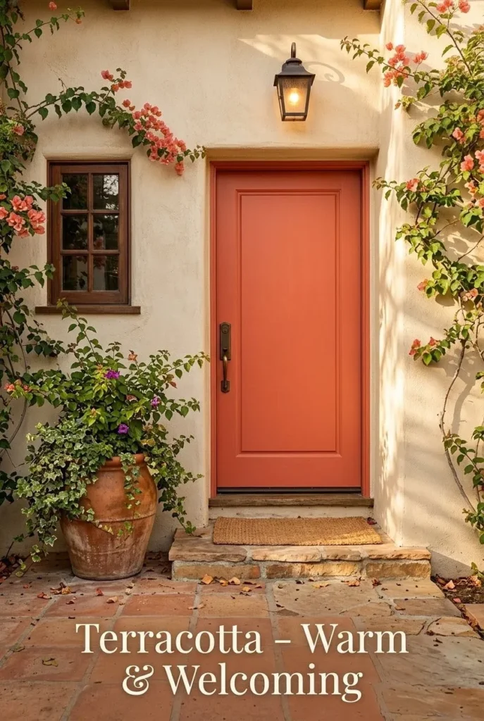 7 bold front door colors: red, navy, -bold front door colours that transform a home exterior yellow, black, sage, teal, terracotta on white houses.
