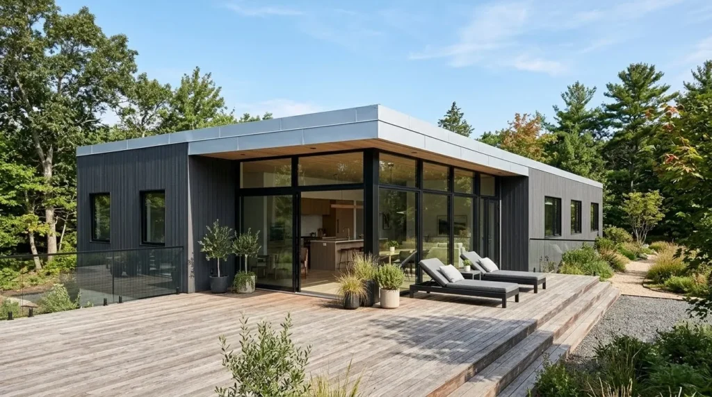 oof colour ideas that complement exterior paint – modern home with white roof and dark charcoal siding.