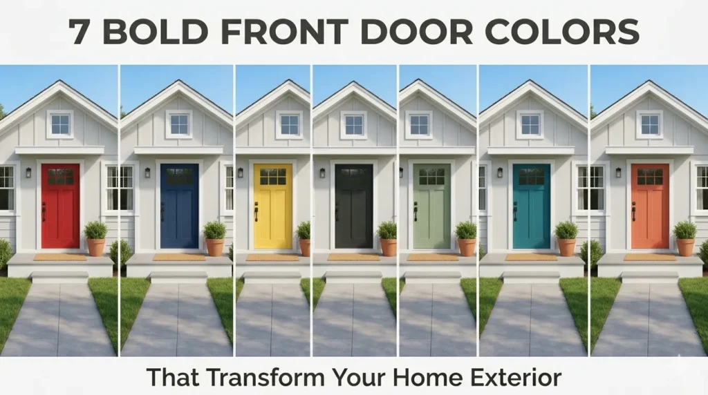 7 bold front door colors: red, navy, yellow, black, sage, teal, terracotta on white houses.