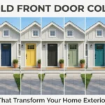 7 bold front door colors: red, navy, yellow, black, sage, teal, terracotta on white houses.