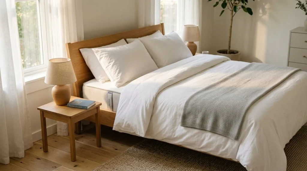 How to create a calming bedroom from scratch – step 2: a quality bed with cotton sheets and a cozy throw.