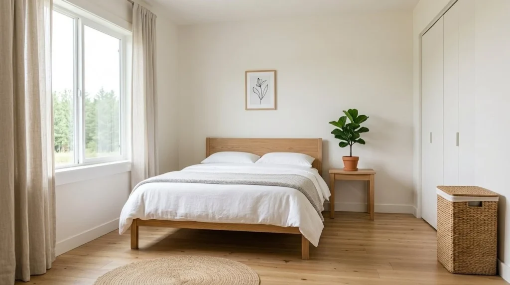 How to create a calming bedroom from scratch – step 3: layered textures like linen, knit, and jute without clutter.