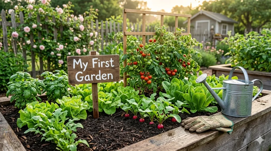 How to start a vegetable garden from scratch – featured image of a thriving beginner garden with lettuce, tomatoes, basil, and radishes.