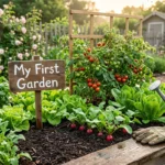 How to start a vegetable garden from scratch – featured image of a thriving beginner garden with lettuce, tomatoes, basil, and radishes.
