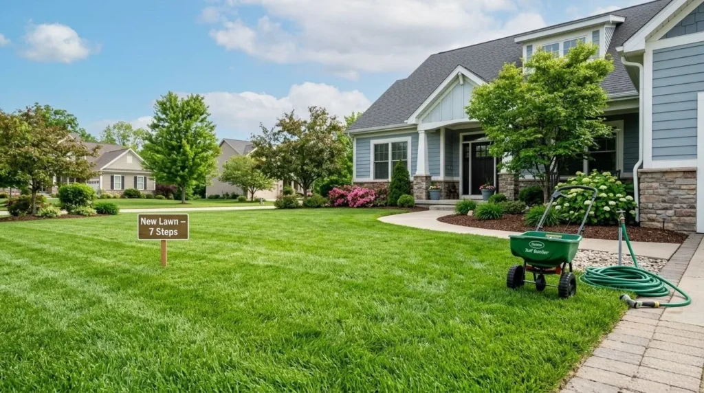How to get a lush green lawn from scratch – featured image of a thick green lawn with a broadcast spreader and hose nearby.