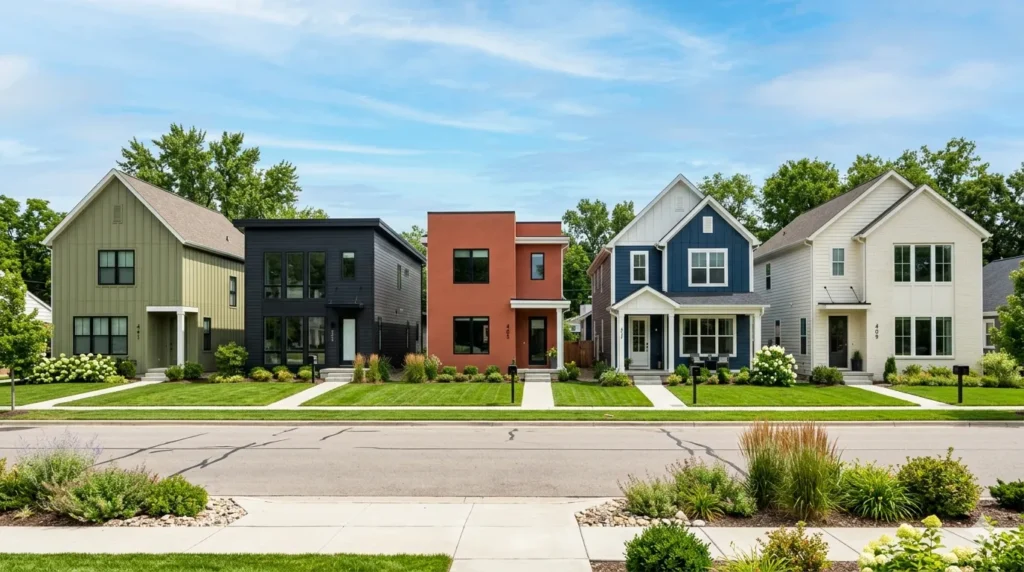 Best exterior paint colors trending – five homes in sage green, charcoal black, terracotta, navy blue, and warm white.