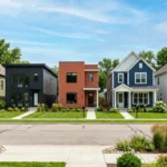 Best exterior paint colors trending – five homes in sage green, charcoal black, terracotta, navy blue, and warm white.