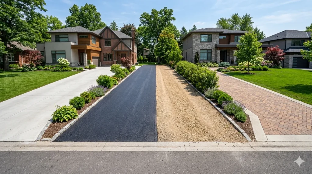 Driveway materials ranked concrete asphalt gravel pavers – four driveway types side by side in one image.