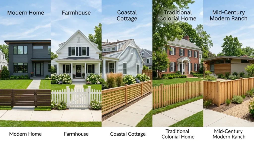 Fence style guide which matches your home exterior – five fence styles with modern, farmhouse, coastal, traditional, and mid‑century homes.