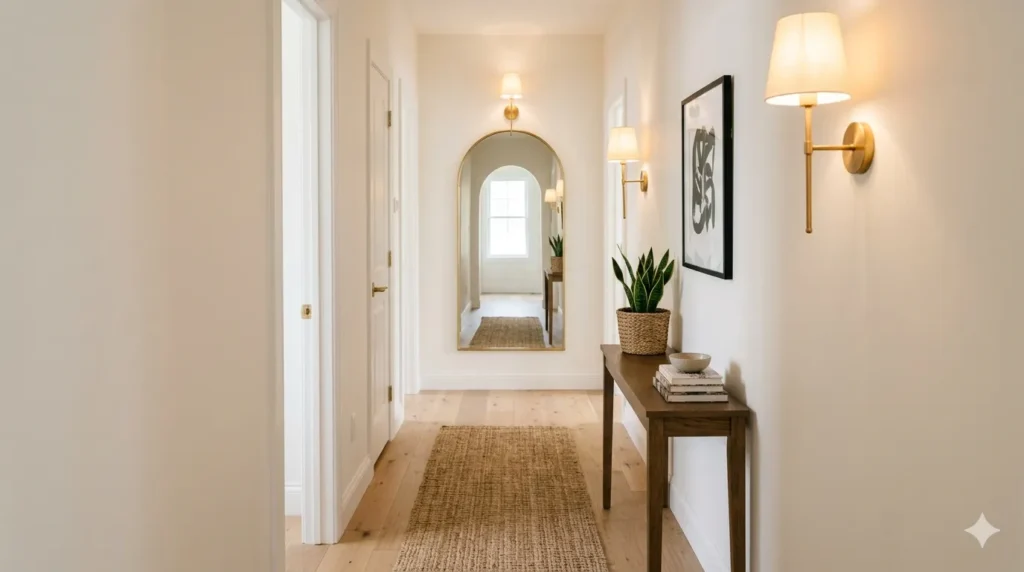 How to transform a dark narrow hallway β step 1, painting walls a light reflective cream color, before and after contrast.