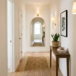 How to transform a dark narrow hallway – step 1, painting walls a light reflective cream color, before and after contrast.