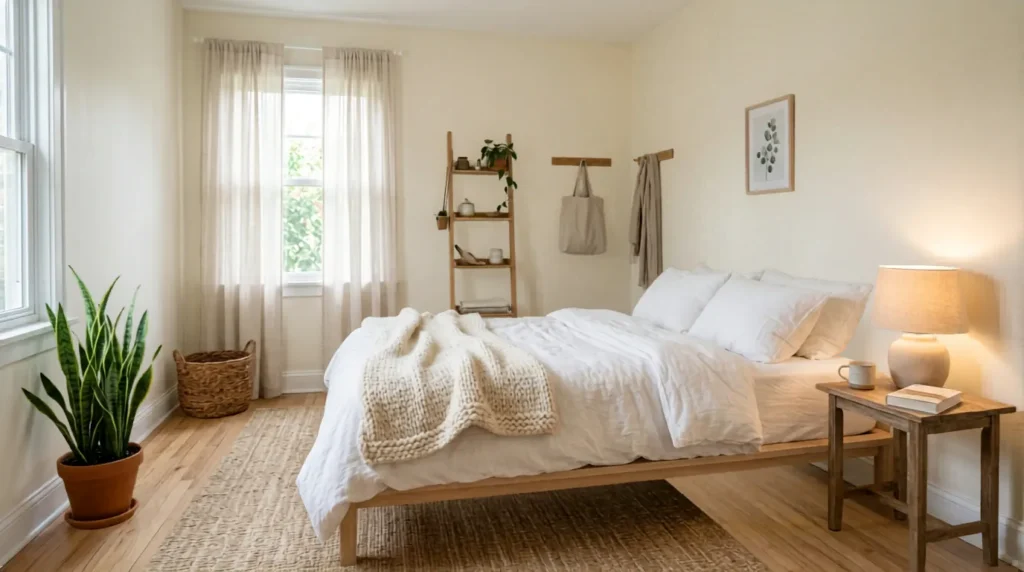 How to style a small bedroom to feel like a retreat β featured image of a cozy, calm bedroom with linen bedding, warm lamp, and plant.