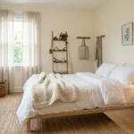 How to style a small bedroom to feel like a retreat – featured image of a cozy, calm bedroom with linen bedding, warm lamp, and plant.