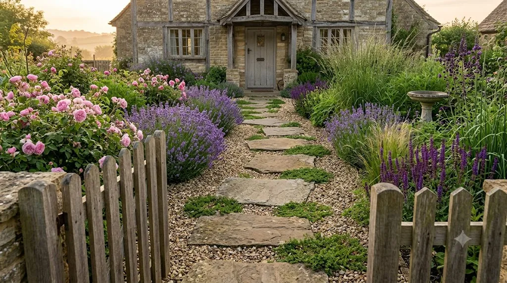 Paved pathway ideas from gate to front door – natural flagstone path with creeping thyme between gaps winding through lavender and ornamental grasses.
