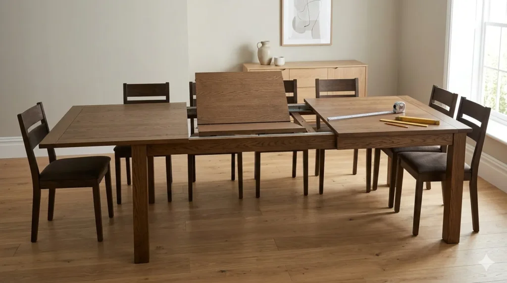 How to design a dining room that works for everyday and entertaining – step 1: extendable table with leaf, showing both everyday and expanded sizes.