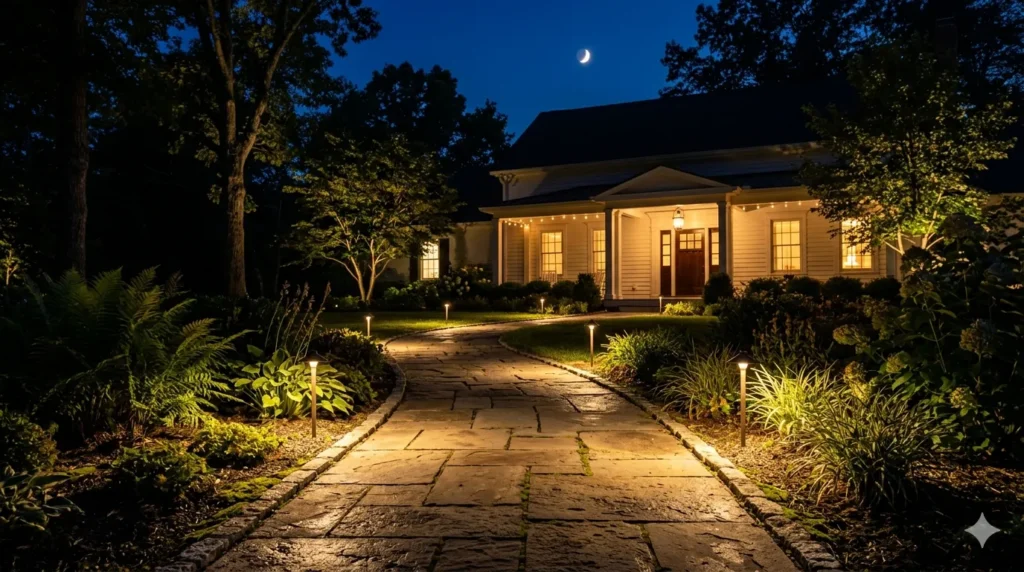 Exterior lighting ideas that boost curb appeal at night – step 1: warm path lights along a stone walkway.