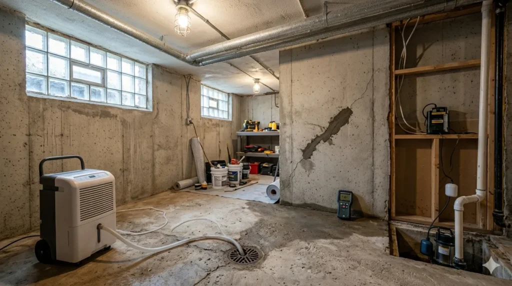 How to convert a basement into a living space – step 1: dehumidifier, sealed foundation crack, and sump pump for moisture control.