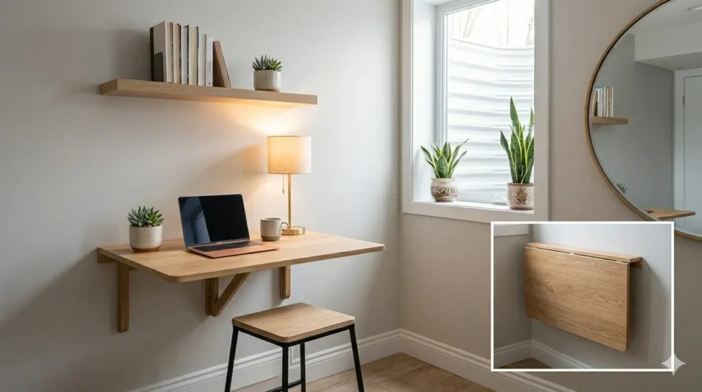 Home office in a small space: creative solutions – step 1: wall-mounted drop-leaf desk open with laptop and stool tucked underneath.