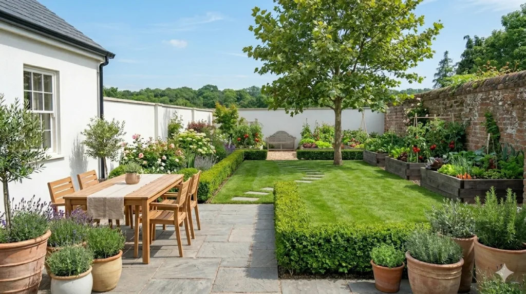 Garden layout ideas for rectangular plots – three-zone layout with patio near house, lawn in middle, and vegetable garden at the far end.
