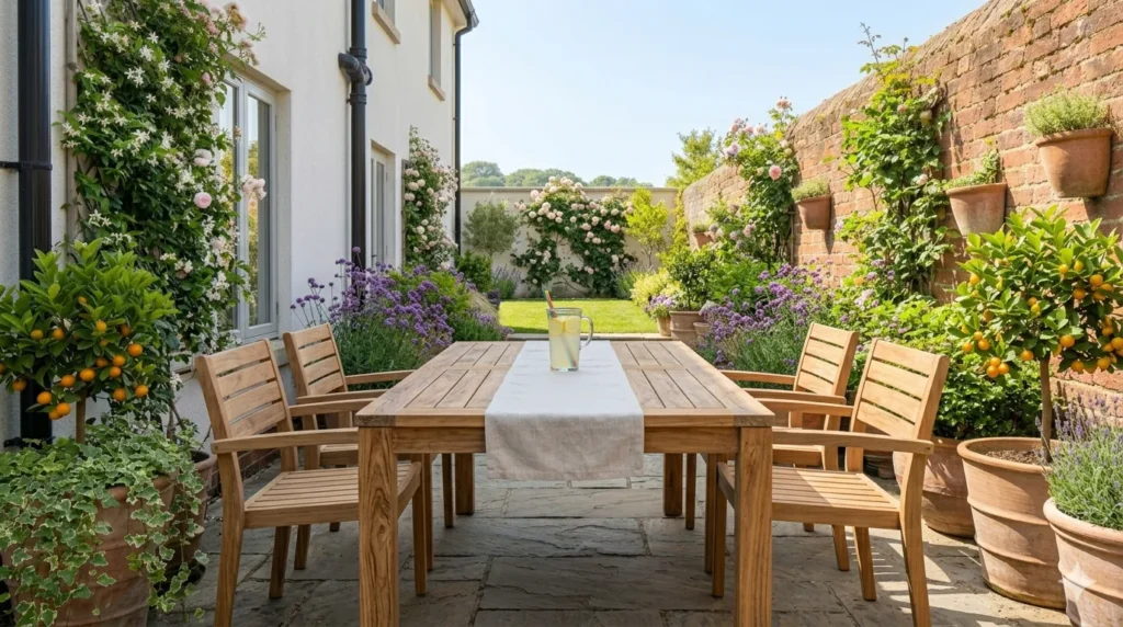 Best outdoor furniture materials for all weather – teak wood dining set with warm honey color on a sunny patio.