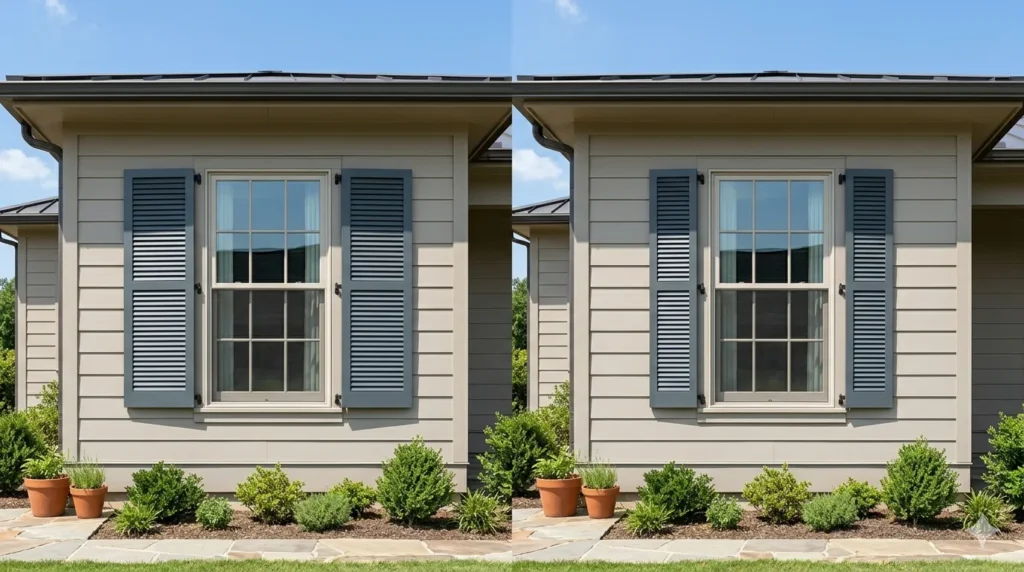 Shutters on modern homes do they still work – step 1 comparison showing correctly sized shutters versus undersized fake shutters on a home exterior.