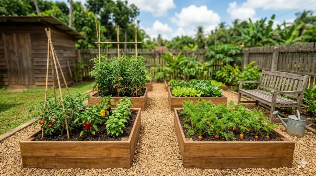 Raised bed vegetable garden ideas and layouts – classic grid layout with four 4x4 cedar raised beds and gravel paths.