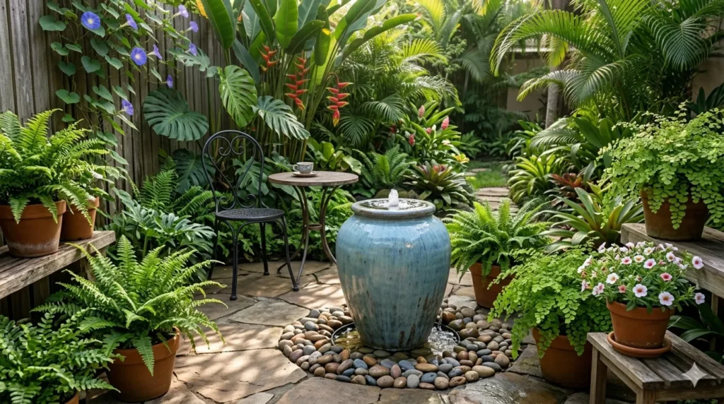 How to add a water feature to a small garden – bubbling ceramic urn fountain on a small patio with ferns and bistro chair.