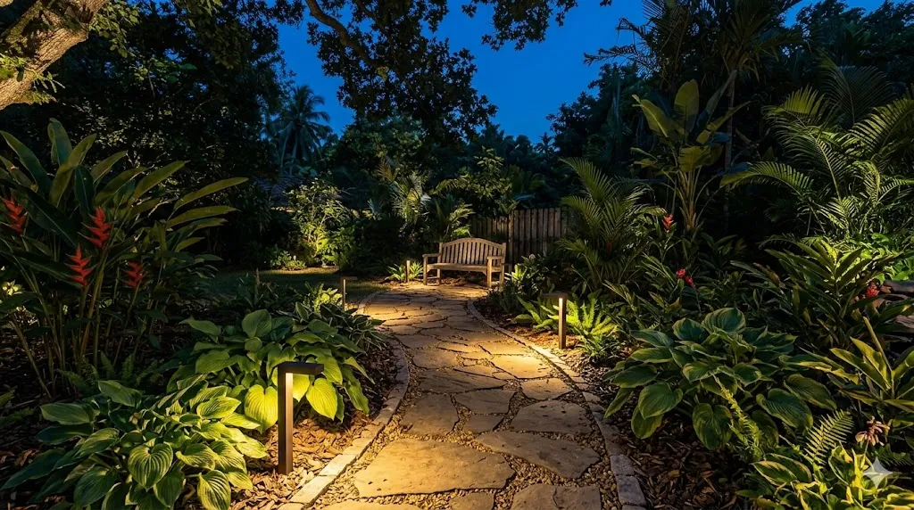 How to light a garden for evenings and entertaining – step 1 warm path lights lining a curved stone walkway at night.