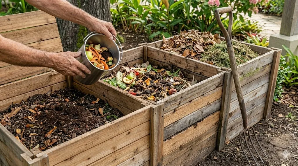 How to create a zero-waste garden-waste garden – step 1: hands emptying kitchen vegetable scraps into a wooden compost bin.