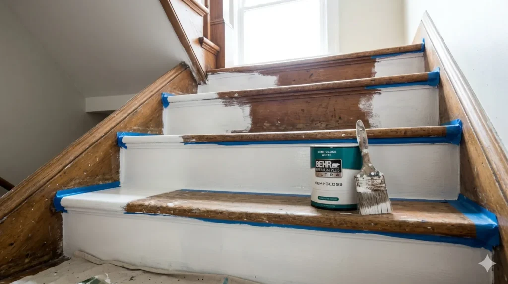 How to update a dated staircase without replacing it – step 1: painting risers white with brush and paint can.