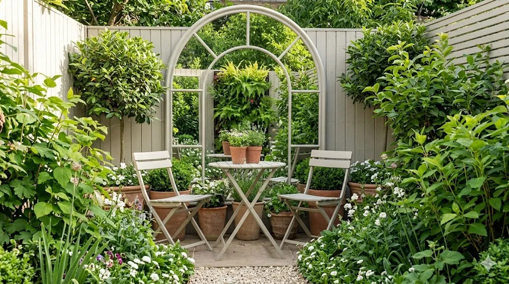 How to make a tiny garden feel bigger – step 1 large arched mirror on fence reflecting greenery and seating area.