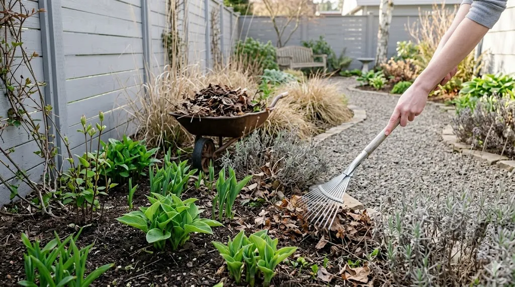 Spring Garden Refresh – step 1 hands raking winter debris from a flower bed with emerging perennials.