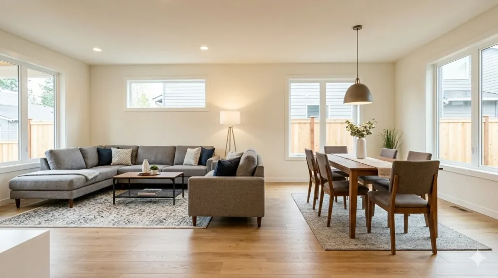 How to style an open-plan dining and living area – step 1 living zone rug under sectional, dining zone rug under table, sofa back as divider.