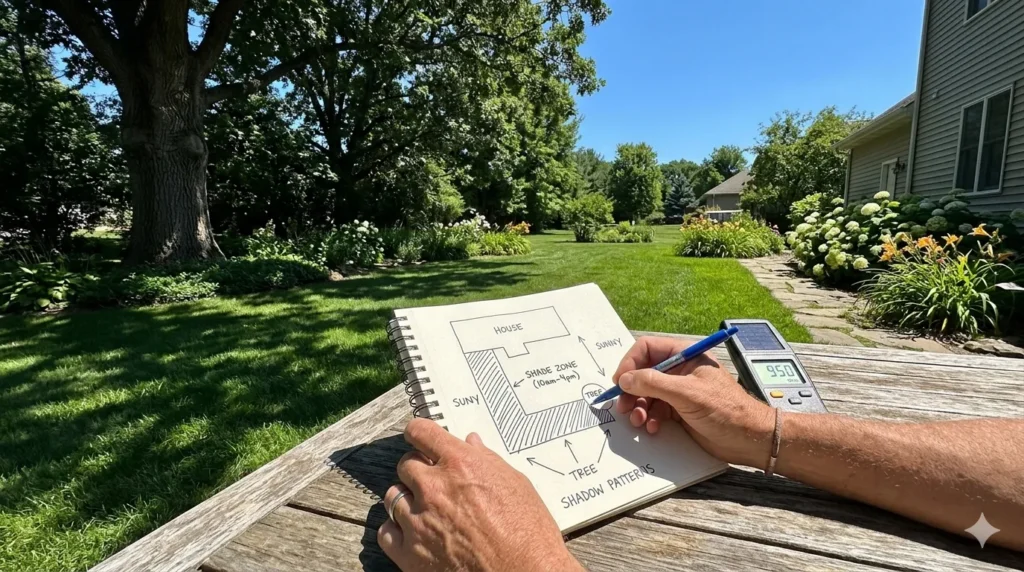 Best grass seed types for shade and sun – step 1 mapping sunlight patterns in a yard with a notebook and sun meter.