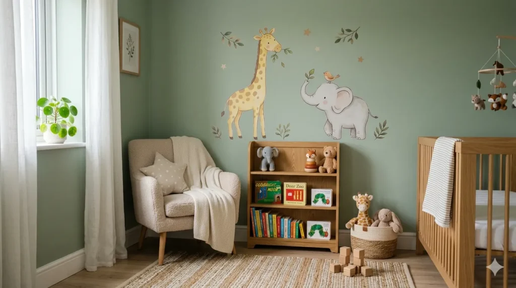 How to design a nursery that grows with your child – step 1: neutral sage green wall with removable animal decals for a baby theme.