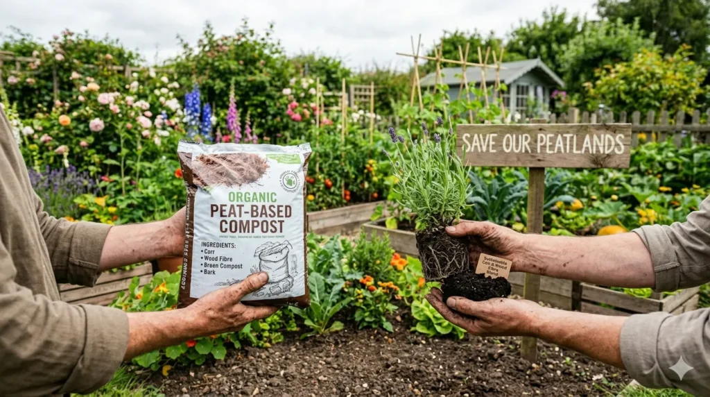 Peat-free gardening alternatives and benefits – step 1 hands holding peat-based compost bag versus a healthy plant in a peat-free garden.