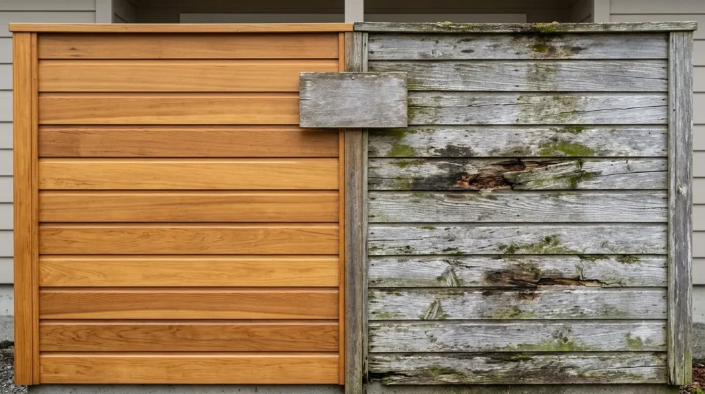 Wood cladding maintenance – split comparison showing well-maintained cedar versus neglected grey weathered wood with rot.