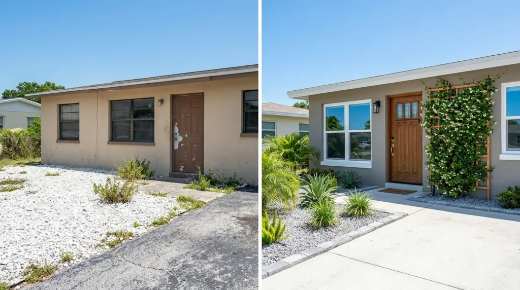 Before and after dramatic curb appeal transformations – 1980s Florida home updated with new windows, a wood-grain door, a jasmine trellis, and grey stone landscaping.
