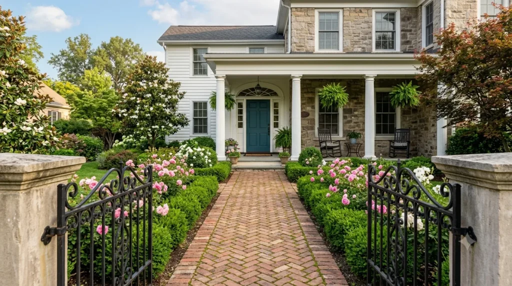 Paved pathway ideas from gate to front door – brick herringbone path with moss-filled joints leading to a colonial home with boxwood hedges.