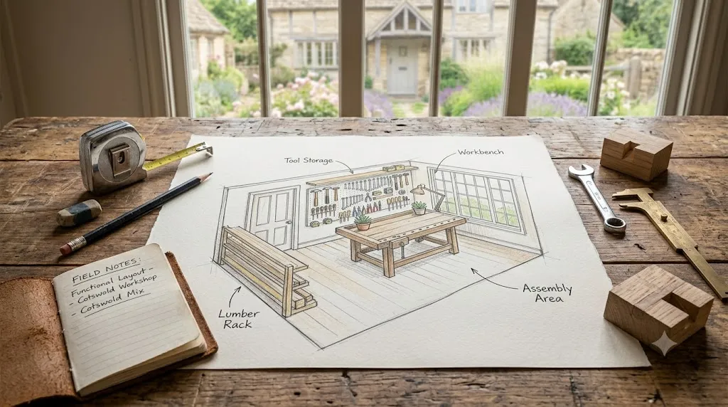 Workshop shed design and layout ideas – step 1 planning a workshop with floor plan sketch, pencil, tape measure, and notebook.