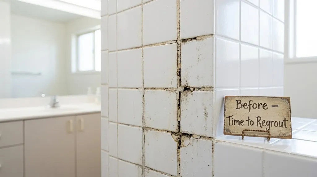 How to regrout bathroom tiles without a full renovation – cracked and discolored grout on bathroom tiles before regrouting.