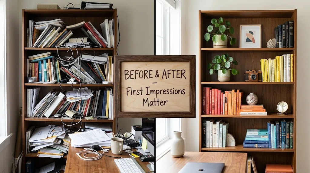 Home office bookshelf styling for video calls – before and after comparison showing cluttered versus styled bookshelf backgrounds.